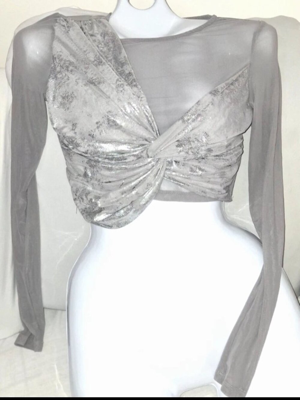 Shein Mesh Crop Top Metallic Twist Front Long Sleeve Gray Silver Size M